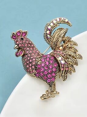 Anthropologie Gold-Tone Rooster Brooch with Hot Pink Crystals